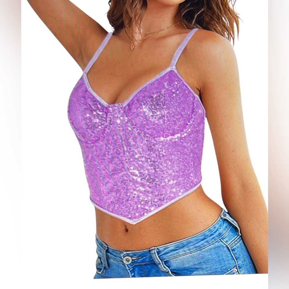 Purple Sequin Camisole Bustier Crop Top Holographic Glitter NWOT